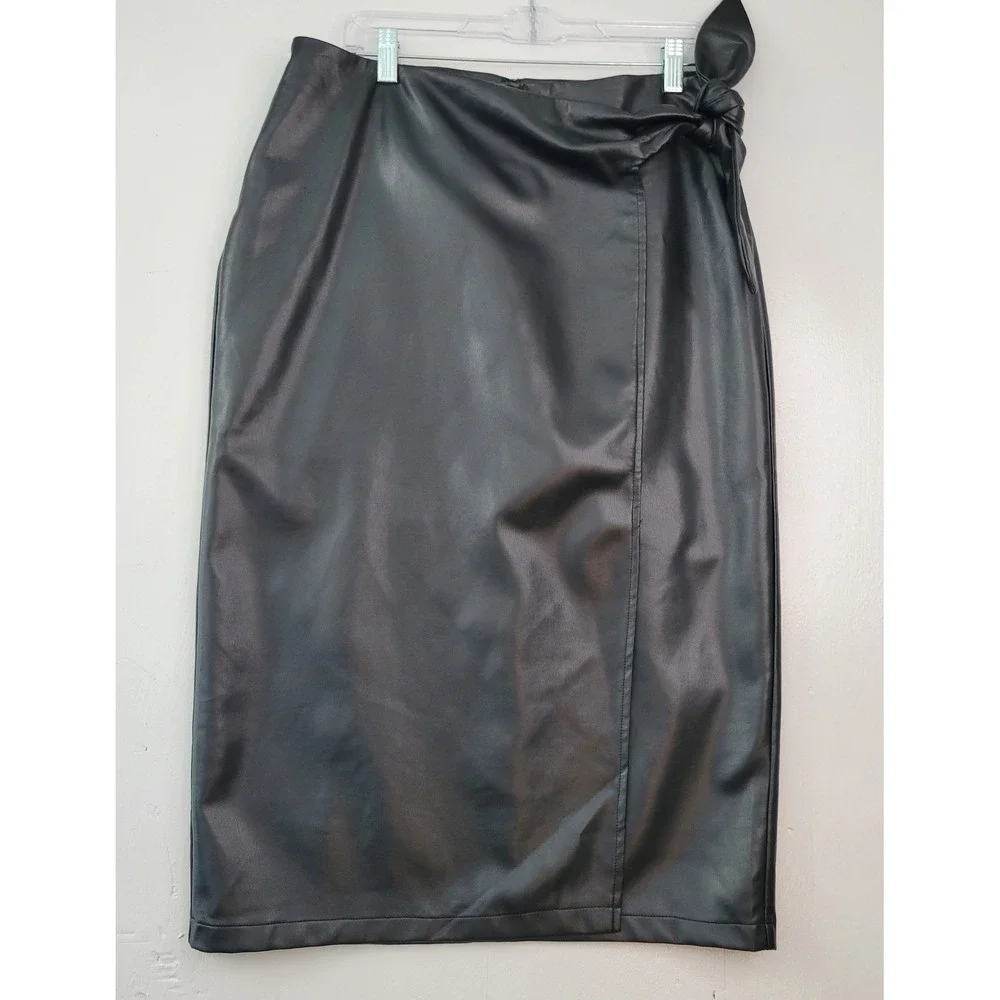 Faux Leather Wrap Midi Skirt Womens XL Black Tie Waist Grunge Indie Dark Academi